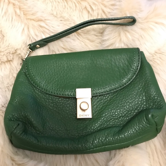 DKNY Emerald Green Leather Wristlet - Picture 1 of 8